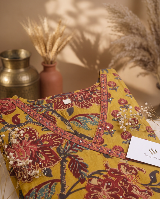 Anokhi Khwaab — mustard yellow cotton suit with handblock print and angrakha wrap — Ivory Hues, Indian ethnic wear Singapore