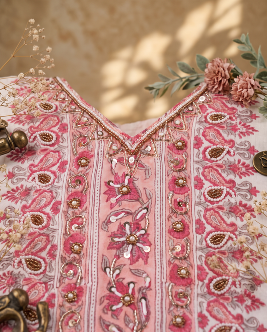 Raaga Amaya — pink Chanderi suit with panel embroidery — Ivory Hues, Indian ethnic wear Singapore