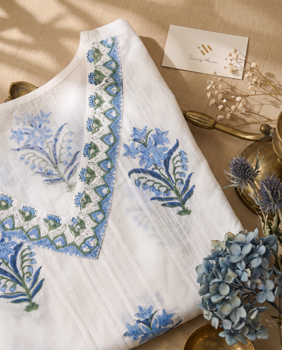 Malhar Rangrez — white cotton suit with blue and green handblock print — Ivory Hues, Indian ethnic wear Singapore
