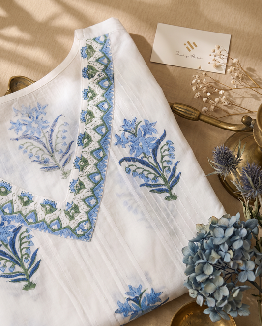 Malhar Rangrez — white cotton suit with blue and green handblock print — Ivory Hues, Indian ethnic wear Singapore