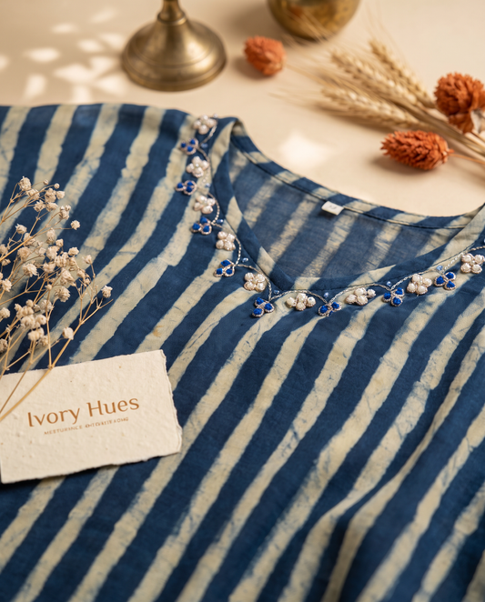 Kaftan Sukoon 01 — indigo blue kaftan co-ord set with striped floral prints — Ivory Hues, Indian ethnic wear Singapore
