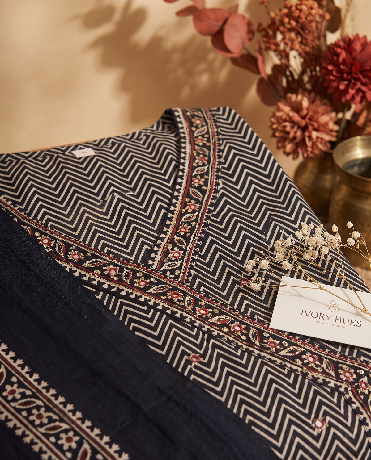 Anokhi Dhun — cotton suit with chevron block print and black bordered dupatta — Ivory Hues, Indian ethnic wear Singapore