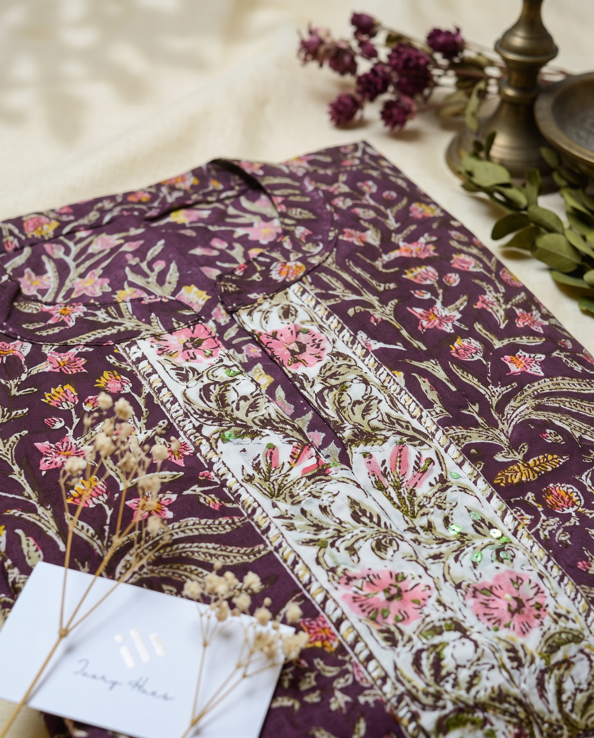 Kota Kainaat Falak — purple aubergine handblock-print suit with Kota doria dupatta — Ivory Hues, Indian ethnic wear Singapore