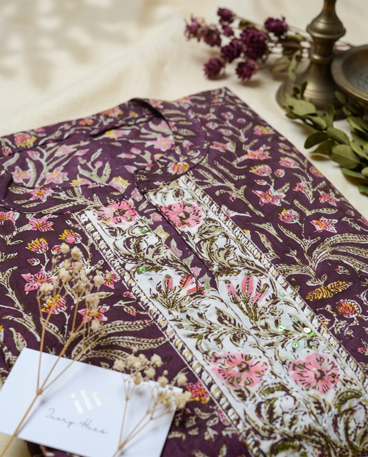 Kota Kainaat Falak — purple aubergine handblock-print suit with Kota doria dupatta — Ivory Hues, Indian ethnic wear Singapore