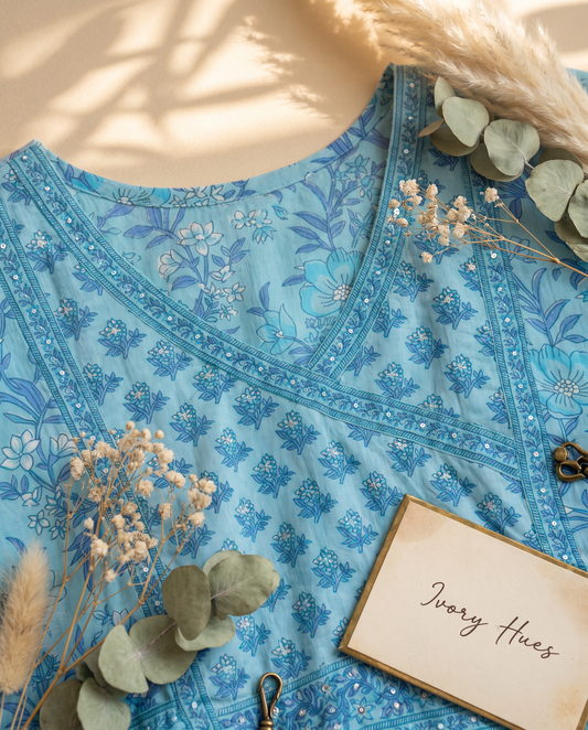 Anokhi Aasman — pastel blue cotton suit with embellished yoke border — Ivory Hues, Indian ethnic wear Singapore