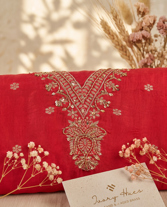 Noor Husn — tomato red suit with golden buttas and brocade shawl — Ivory Hues, Indian ethnic wear Singapore