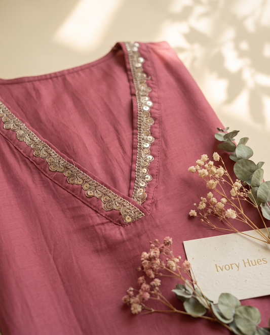 Noor Begum — rose-mauve dola silk suit with embroidered V-neckline — Ivory Hues, Indian ethnic wear Singapore
