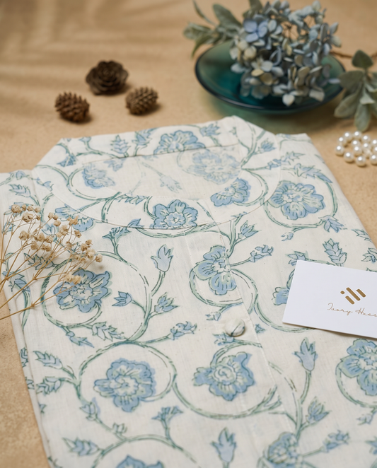 Gulmarg Khushboo — off-white linen kurti with pastel blue handblock print — Ivory Hues, Indian ethnic wear Singapore