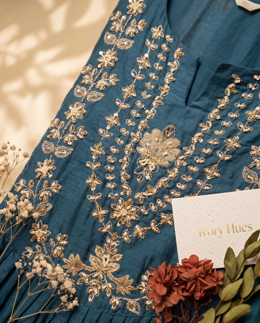 Noor Sama — teal blue mul Chanderi suit with gold embroidered neckline — Ivory Hues, Indian ethnic wear Singapore