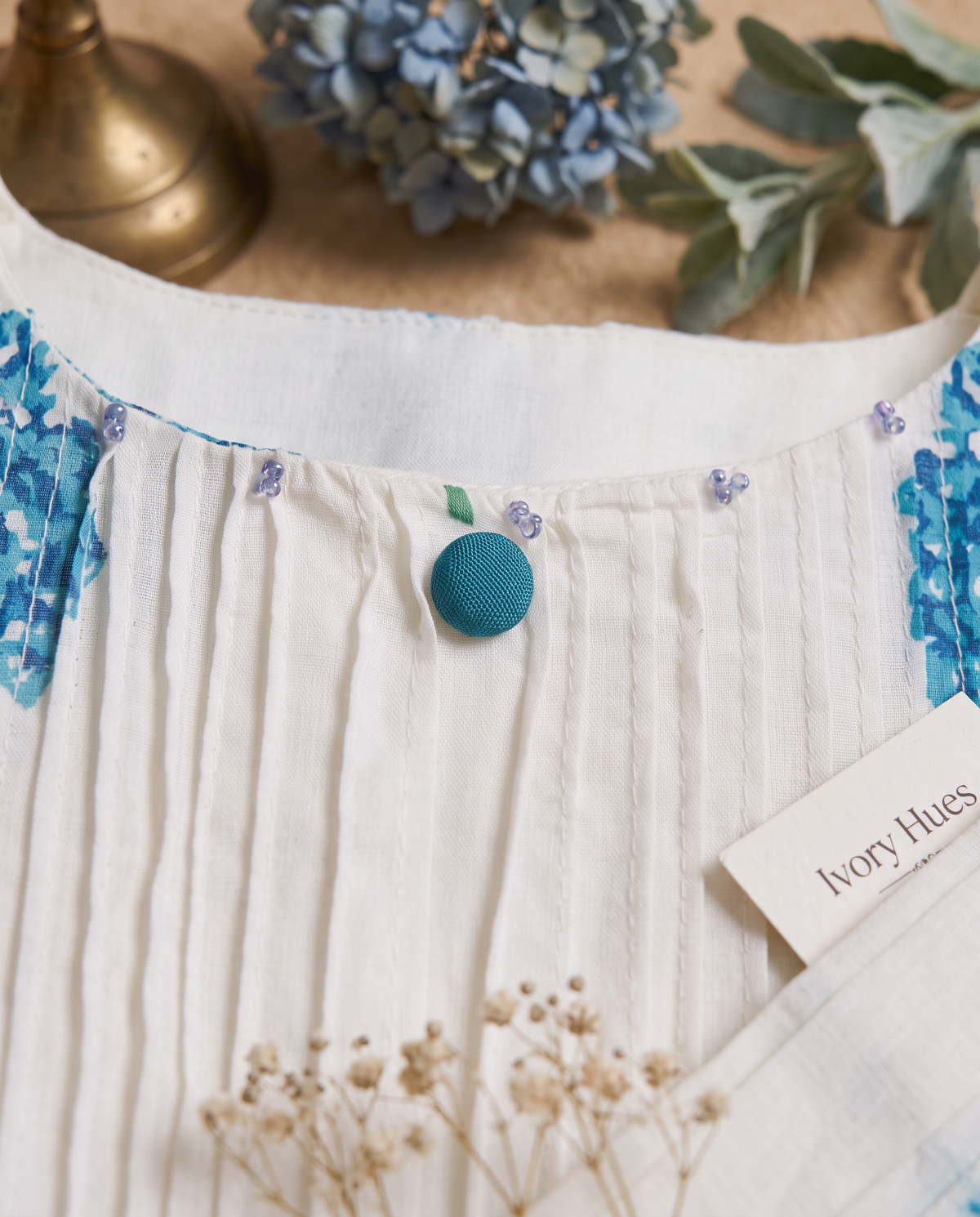 Meher Ziya — white cotton co-ord set with blue floral print — Ivory Hues, Indian ethnic wear Singapore