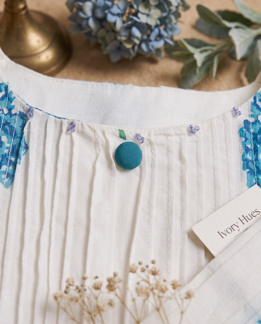 Meher Ziya — white cotton co-ord set with blue floral print — Ivory Hues, Indian ethnic wear Singapore