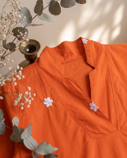 Meher Tamannah — orange cotton co-ord set with white floral embroidery — Ivory Hues, Indian ethnic wear Singapore