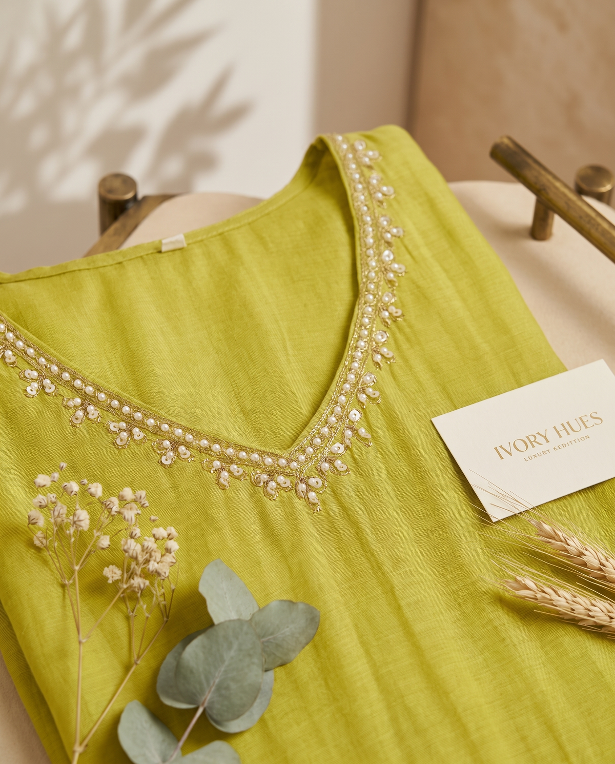 Noor Adaa — lime green mul Chanderi suit with pearl-embroidered neckline — Ivory Hues, Indian ethnic wear Singapore