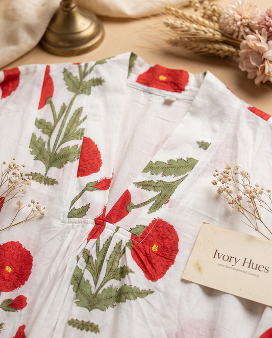 Fiza 3.0 Red Poppy — red poppy-print cotton dress with V-neckline and pockets — Ivory Hues, Indian ethnic wear Singapore
