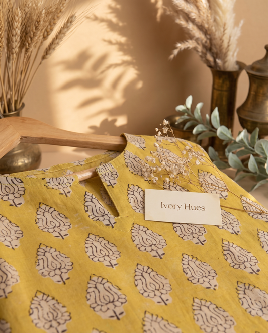 Indira Haldi — yellow cotton top with paisley print — Ivory Hues, Indian ethnic wear Singapore