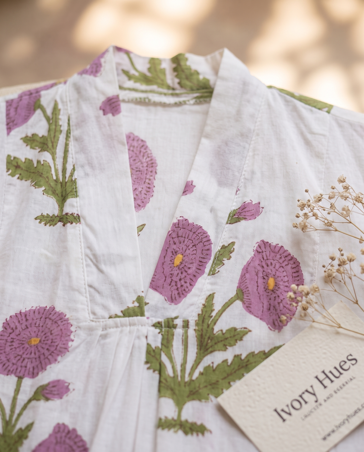Fiza 3.0 Lavender Poppy — lavender poppy-print cotton dress with V-neckline — Ivory Hues, Indian ethnic wear Singapore