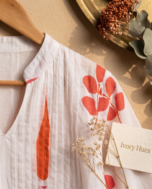 Meher Ambar — white cotton co-ord set with rust Mughal butta print — Ivory Hues, Indian ethnic wear Singapore