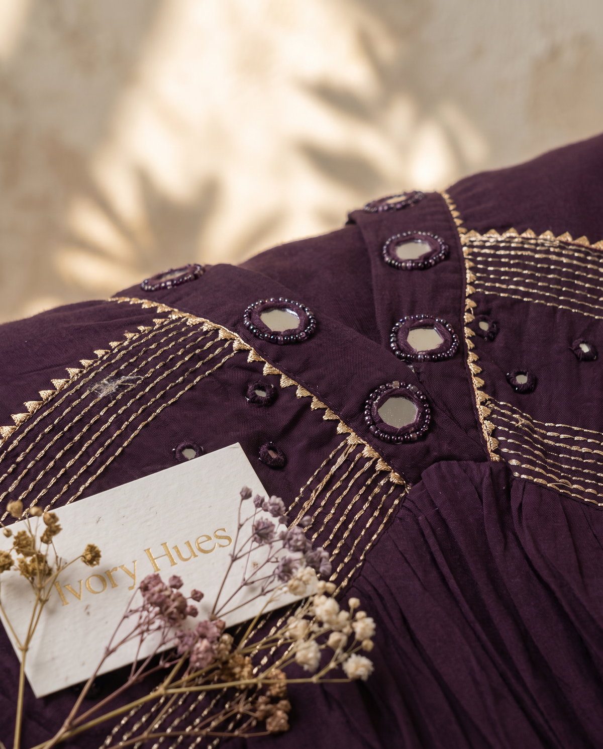 Anokhi Mahika — deep purple cotton suit with mirror-work neckline detail — Ivory Hues, Indian ethnic wear Singapore
