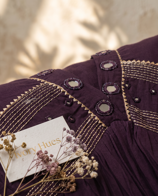 Anokhi Mahika — deep purple cotton suit with mirror-work neckline detail — Ivory Hues, Indian ethnic wear Singapore