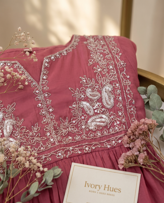 Noor Neerja — three-piece rouge mul Chanderi suit with embroidered neckline — Ivory Hues, Indian ethnic wear Singapore