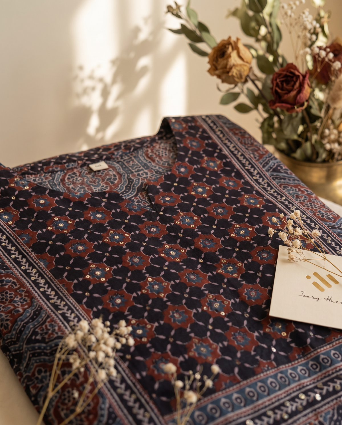 Sunehri Utsaah — black, white and maroon Bagru-print suit set — Ivory Hues, Indian ethnic wear Singapore