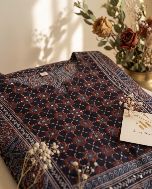 Sunehri Utsaah — black, white and maroon Bagru-print suit set — Ivory Hues, Indian ethnic wear Singapore