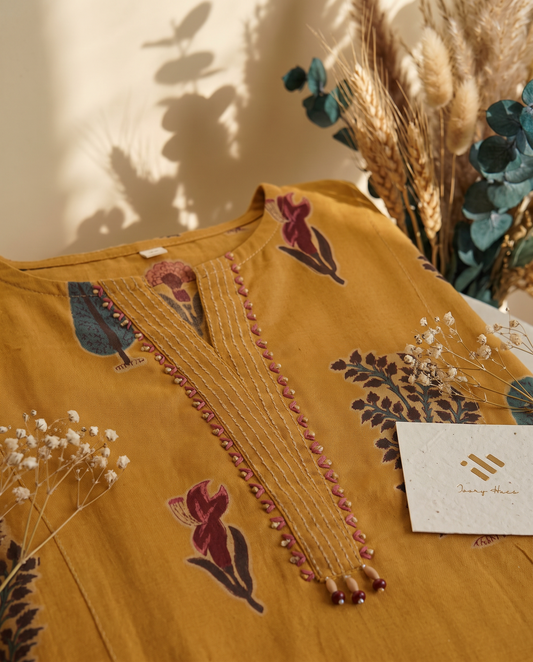 Meher Shobha — mustard co-ord set with Mughal handblock prints and beaded tassels — Ivory Hues, Indian ethnic wear Singapore