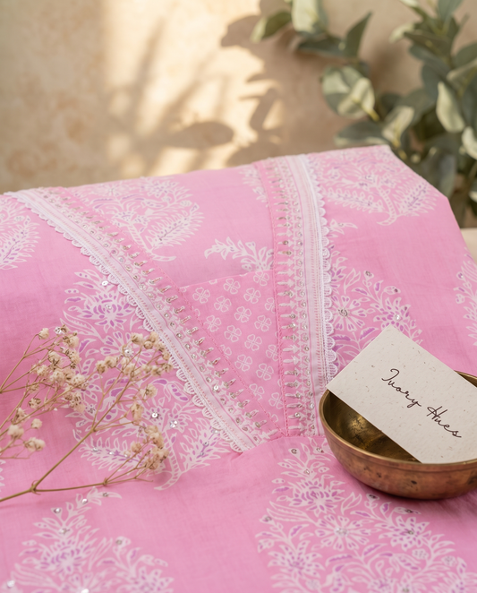 Anokhi Prerna — pastel pink suit with lace detailing on sleeves and pants — Ivory Hues, Indian ethnic wear Singapore