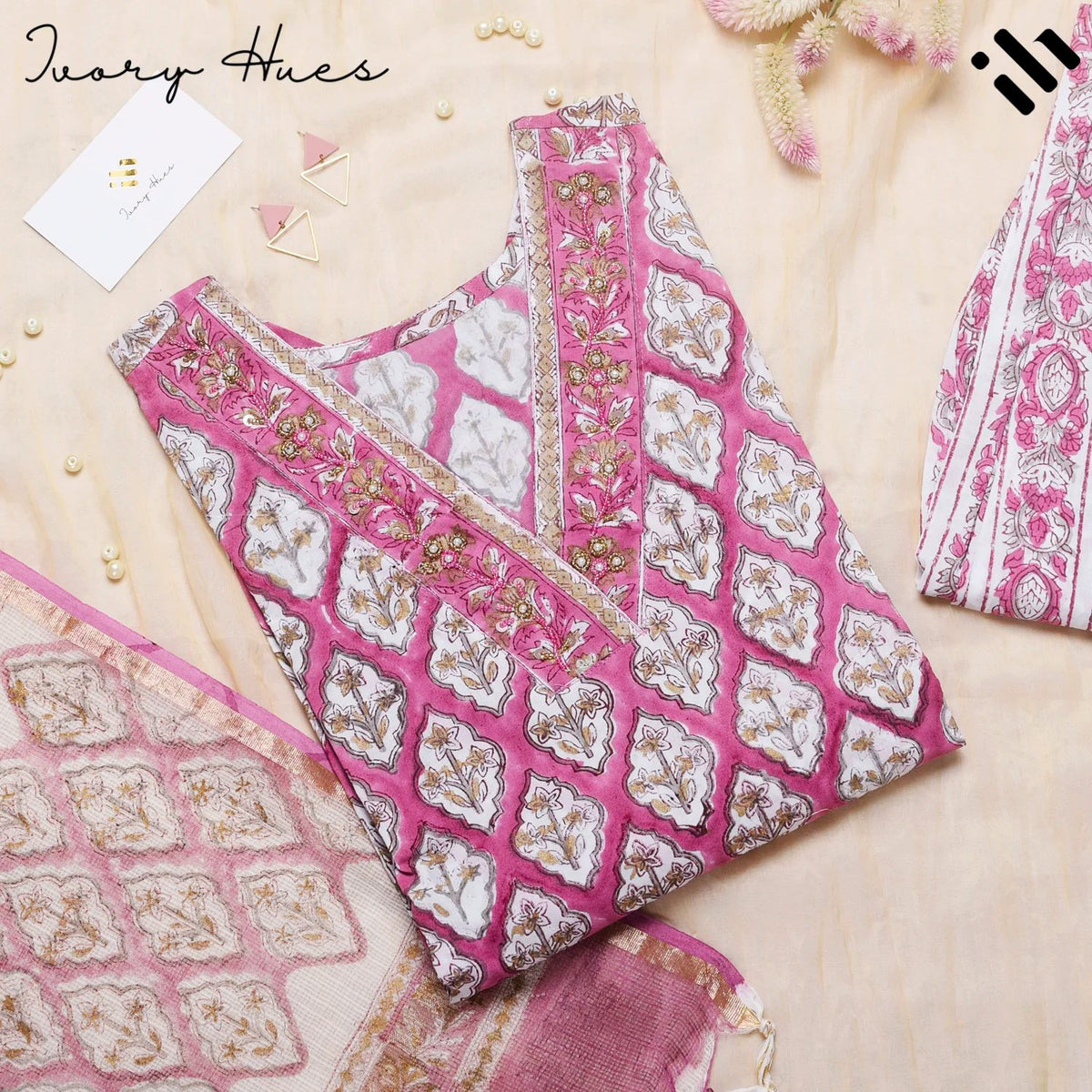Kota Kainaat Zara — pink Kota doria suit with Mughal-inspired print — Ivory Hues, Indian ethnic wear Singapore