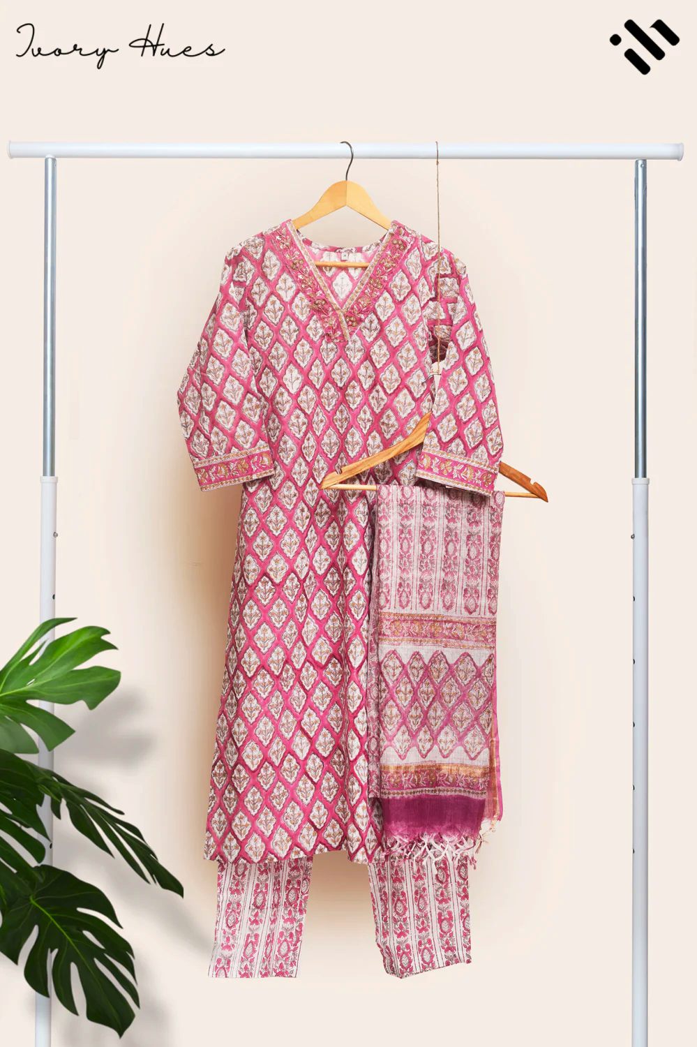 Kota Kainaat Zara — pink Kota doria suit with Mughal-inspired print — Ivory Hues, Indian ethnic wear Singapore