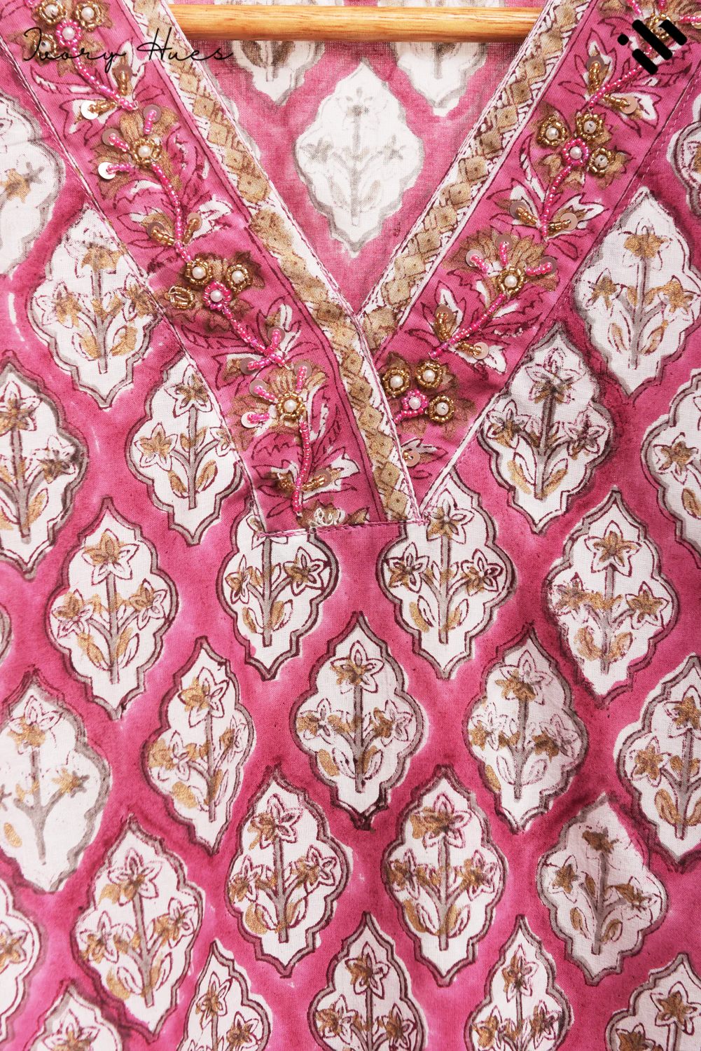 Kota Kainaat Zara — pink Kota doria suit with Mughal-inspired print — Ivory Hues, Indian ethnic wear Singapore