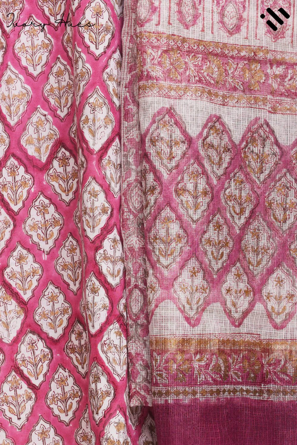 Kota Kainaat Zara — pink Kota doria suit with Mughal-inspired print — Ivory Hues, Indian ethnic wear Singapore
