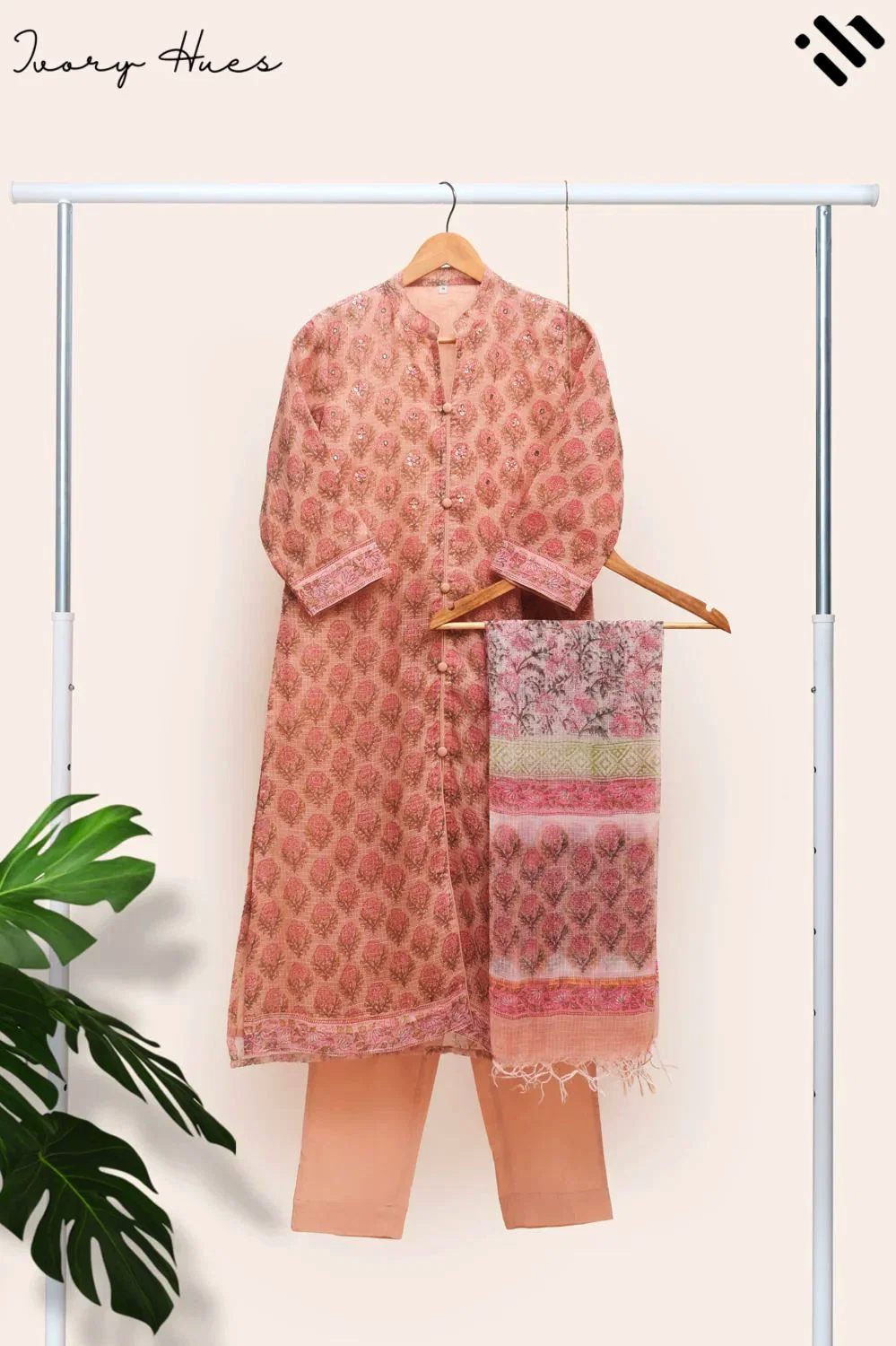 Kota Kainaat Aaliya — peach Kota doria suit with floral handblock print — Ivory Hues, Indian ethnic wear Singapore