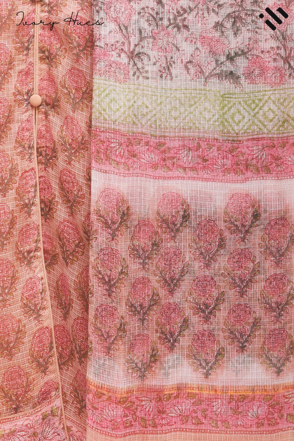 Kota Kainaat Aaliya — peach Kota doria suit with floral handblock print — Ivory Hues, Indian ethnic wear Singapore