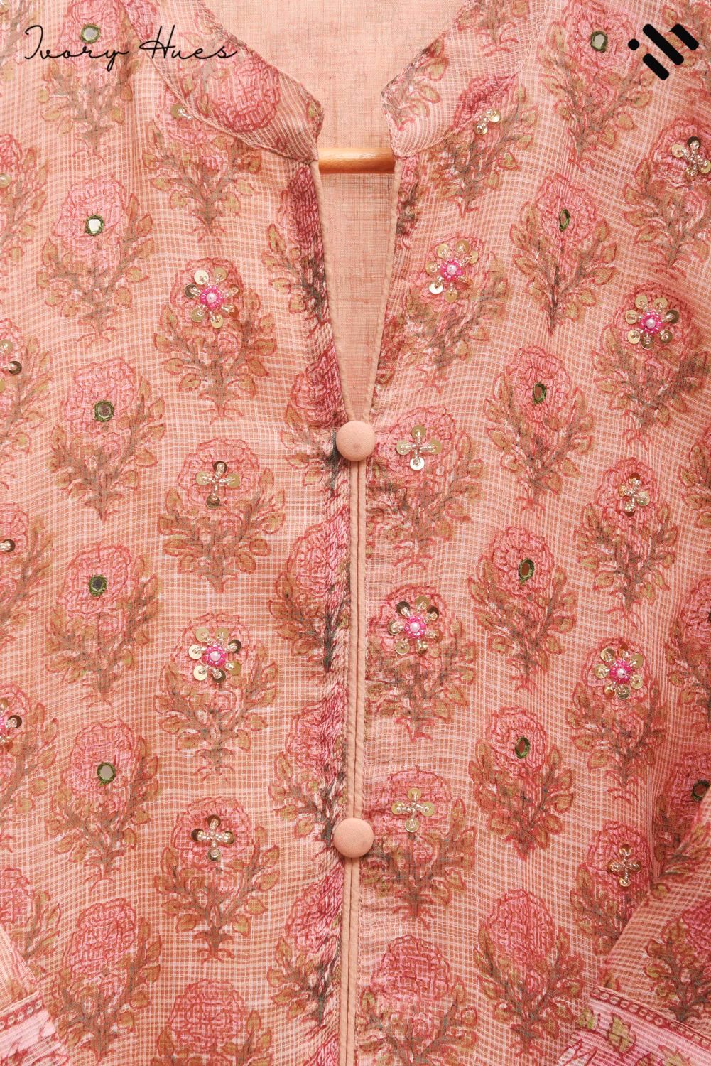 Kota Kainaat Aaliya — peach Kota doria suit with floral handblock print — Ivory Hues, Indian ethnic wear Singapore