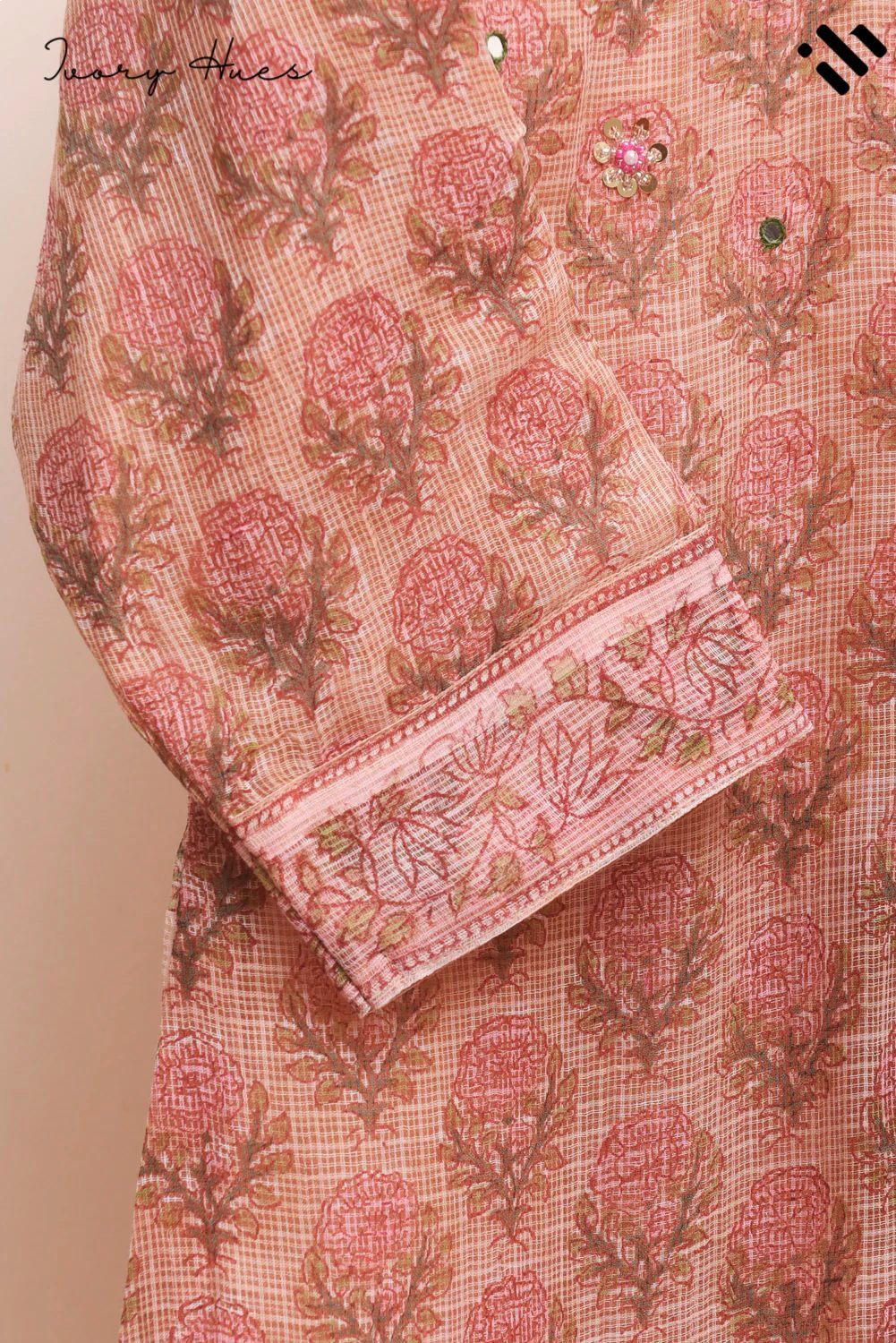 Kota Kainaat Aaliya — peach Kota doria suit with floral handblock print — Ivory Hues, Indian ethnic wear Singapore