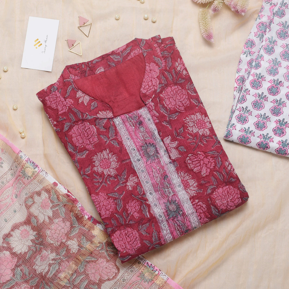 Kota Kainaat Ayra — maroon Kota doria suit with pink floral handblock print — Ivory Hues, Indian ethnic wear Singapore