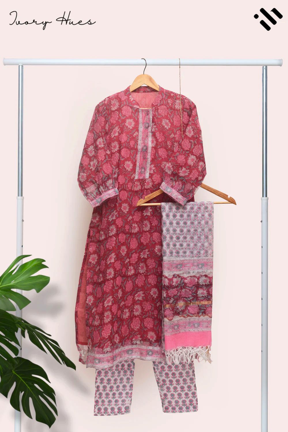 Kota Kainaat Ayra — maroon Kota doria suit with pink floral handblock print — Ivory Hues, Indian ethnic wear Singapore