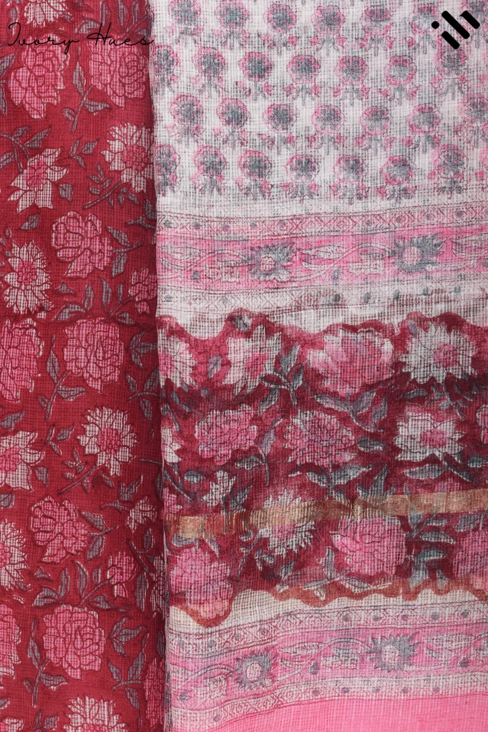 Kota Kainaat Ayra — maroon Kota doria suit with pink floral handblock print — Ivory Hues, Indian ethnic wear Singapore