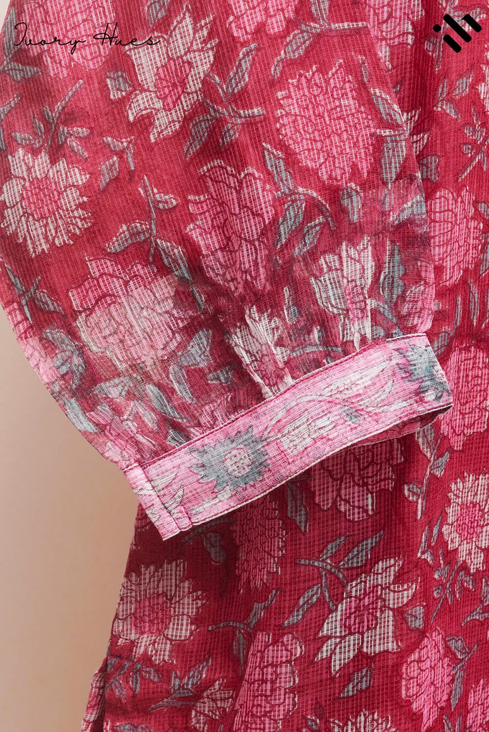 Kota Kainaat Ayra — maroon Kota doria suit with pink floral handblock print — Ivory Hues, Indian ethnic wear Singapore