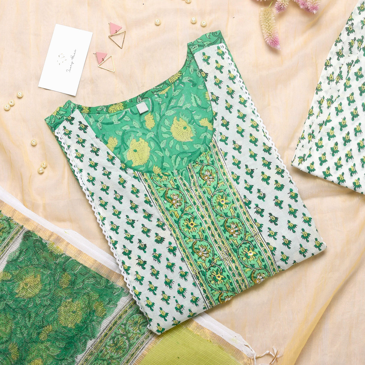 Kota Kainaat Sehr — parrot green Kota doria suit with handblock print — Ivory Hues, Indian ethnic wear Singapore