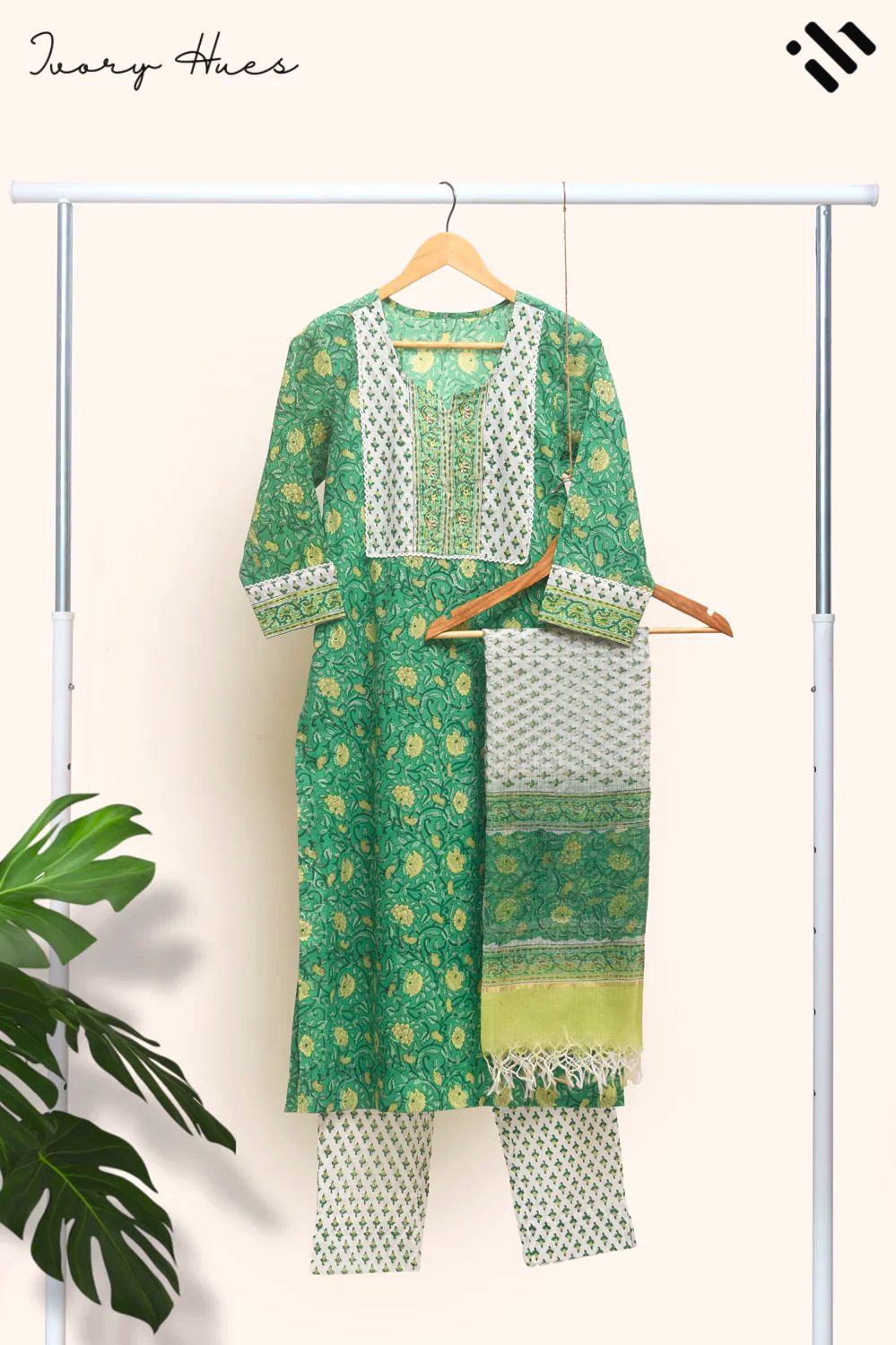 Kota Kainaat Sehr — parrot green Kota doria suit with handblock print — Ivory Hues, Indian ethnic wear Singapore