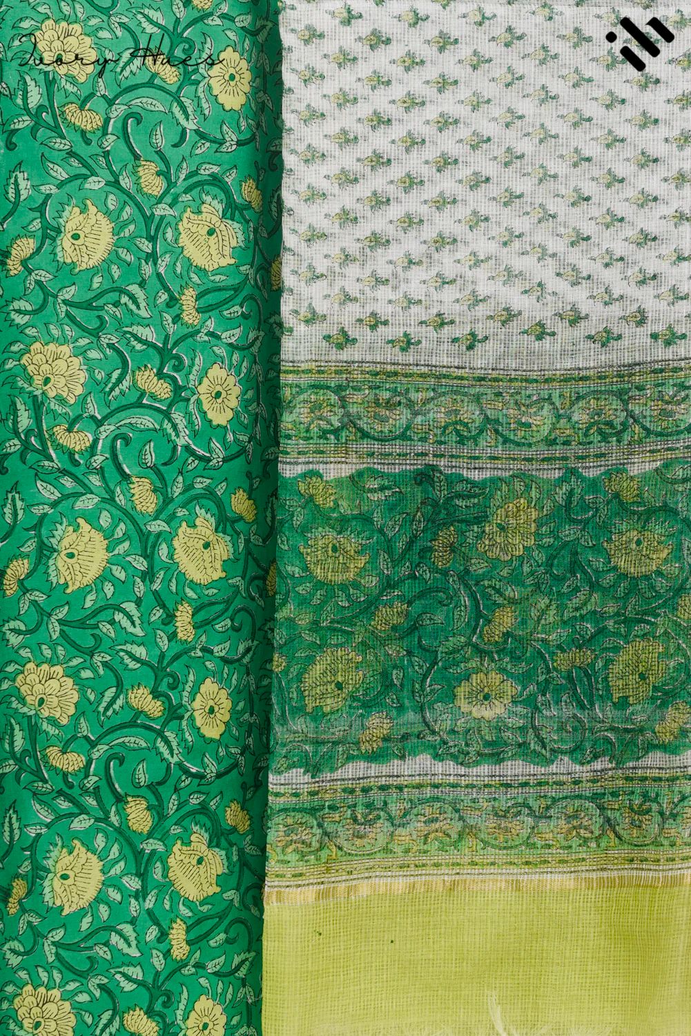 Kota Kainaat Sehr — parrot green Kota doria suit with handblock print — Ivory Hues, Indian ethnic wear Singapore