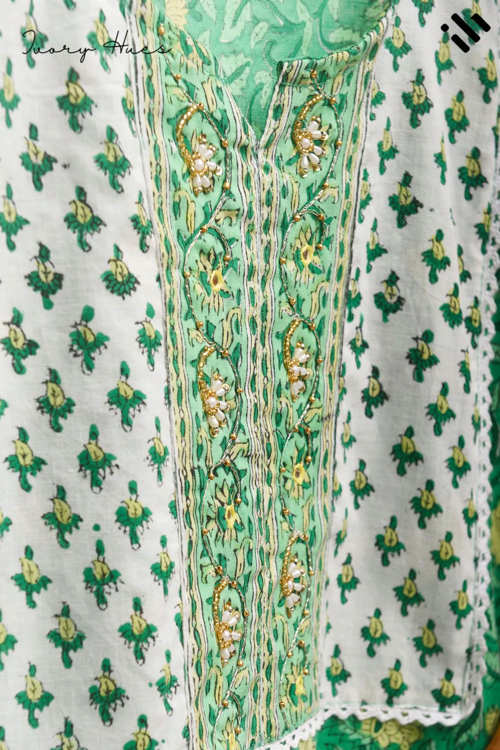 Kota Kainaat Sehr — parrot green Kota doria suit with handblock print — Ivory Hues, Indian ethnic wear Singapore