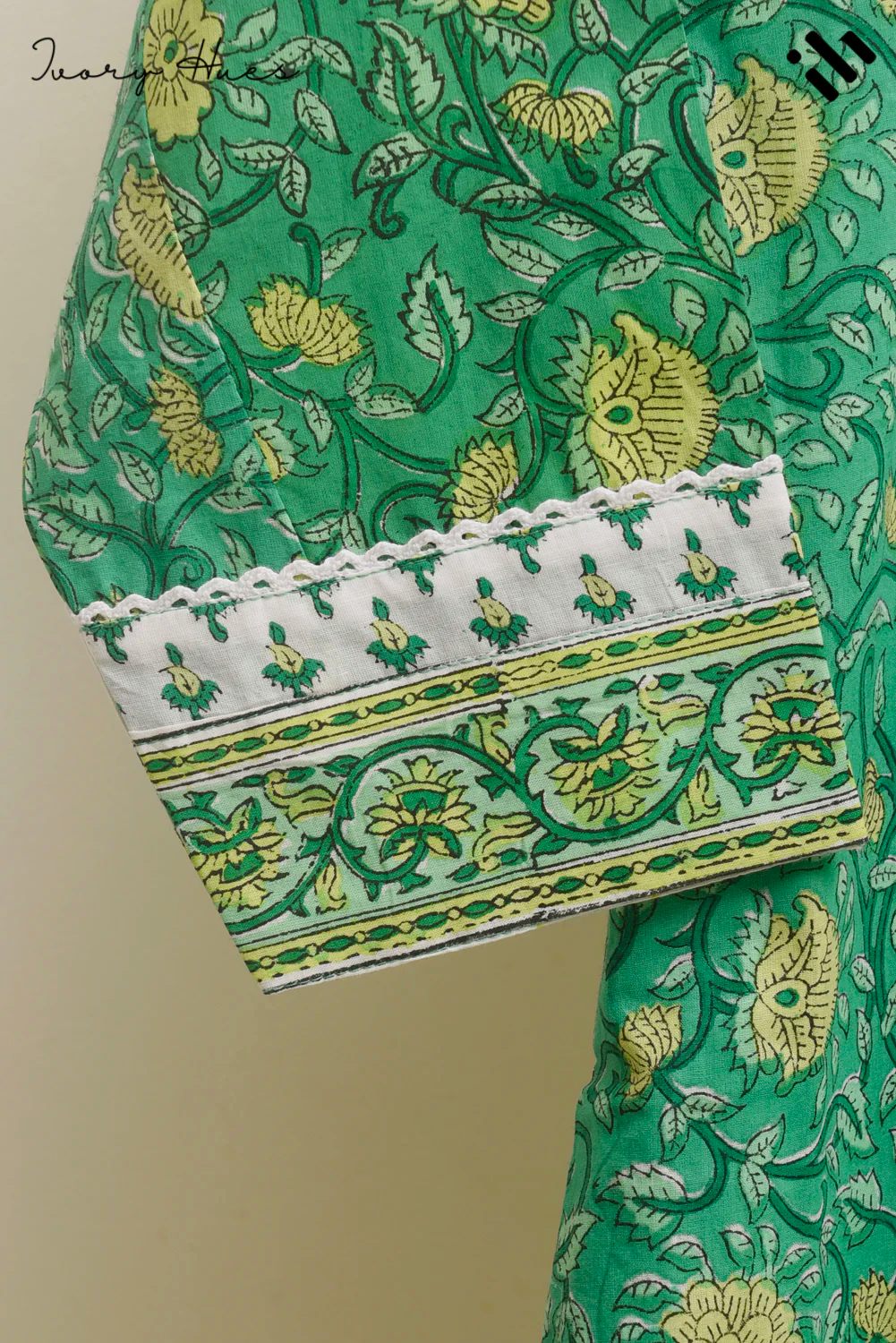 Kota Kainaat Sehr — parrot green Kota doria suit with handblock print — Ivory Hues, Indian ethnic wear Singapore