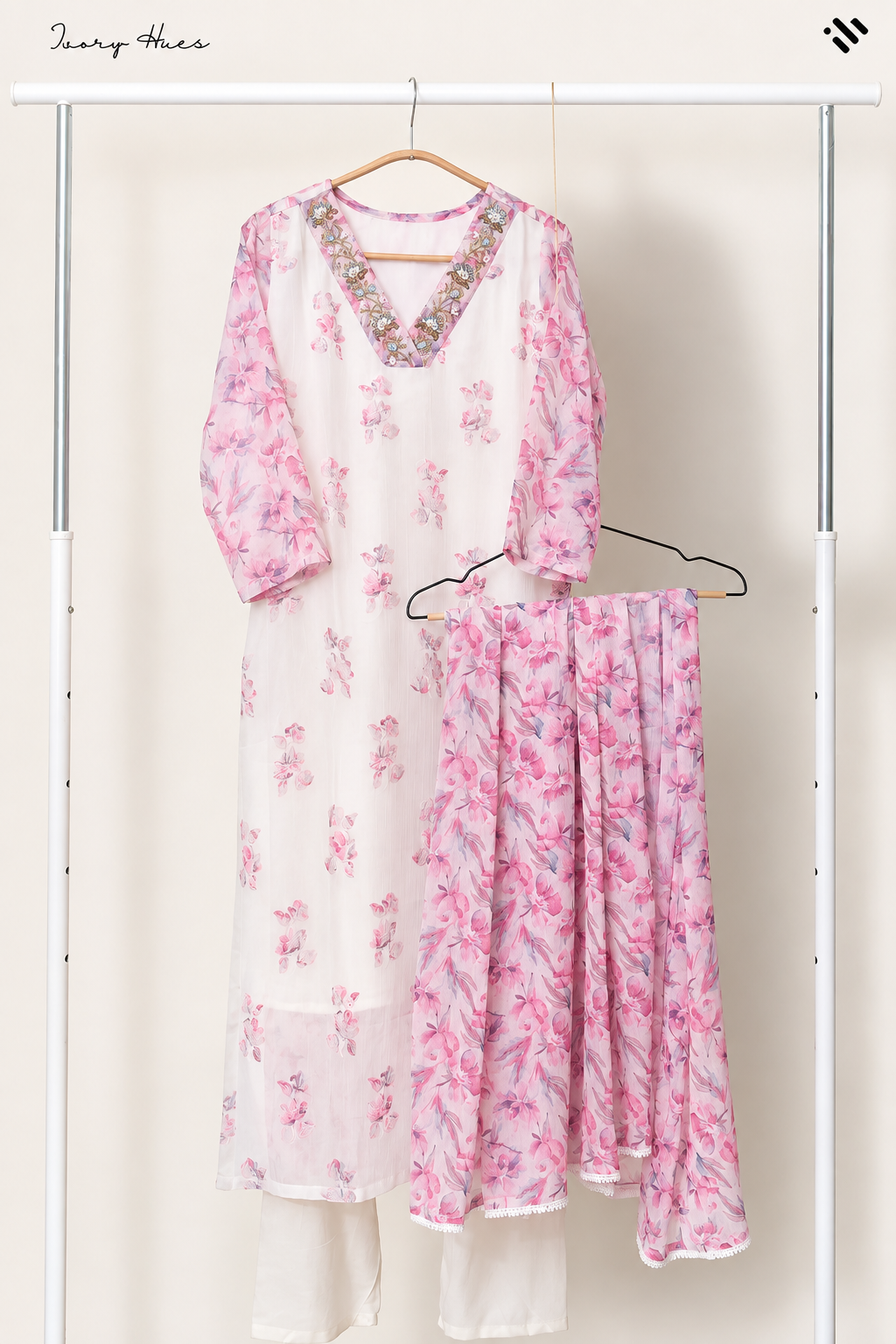 Noor Mehfil — white crepe suit with applique work and embroidered neckline — Ivory Hues, Indian ethnic wear Singapore