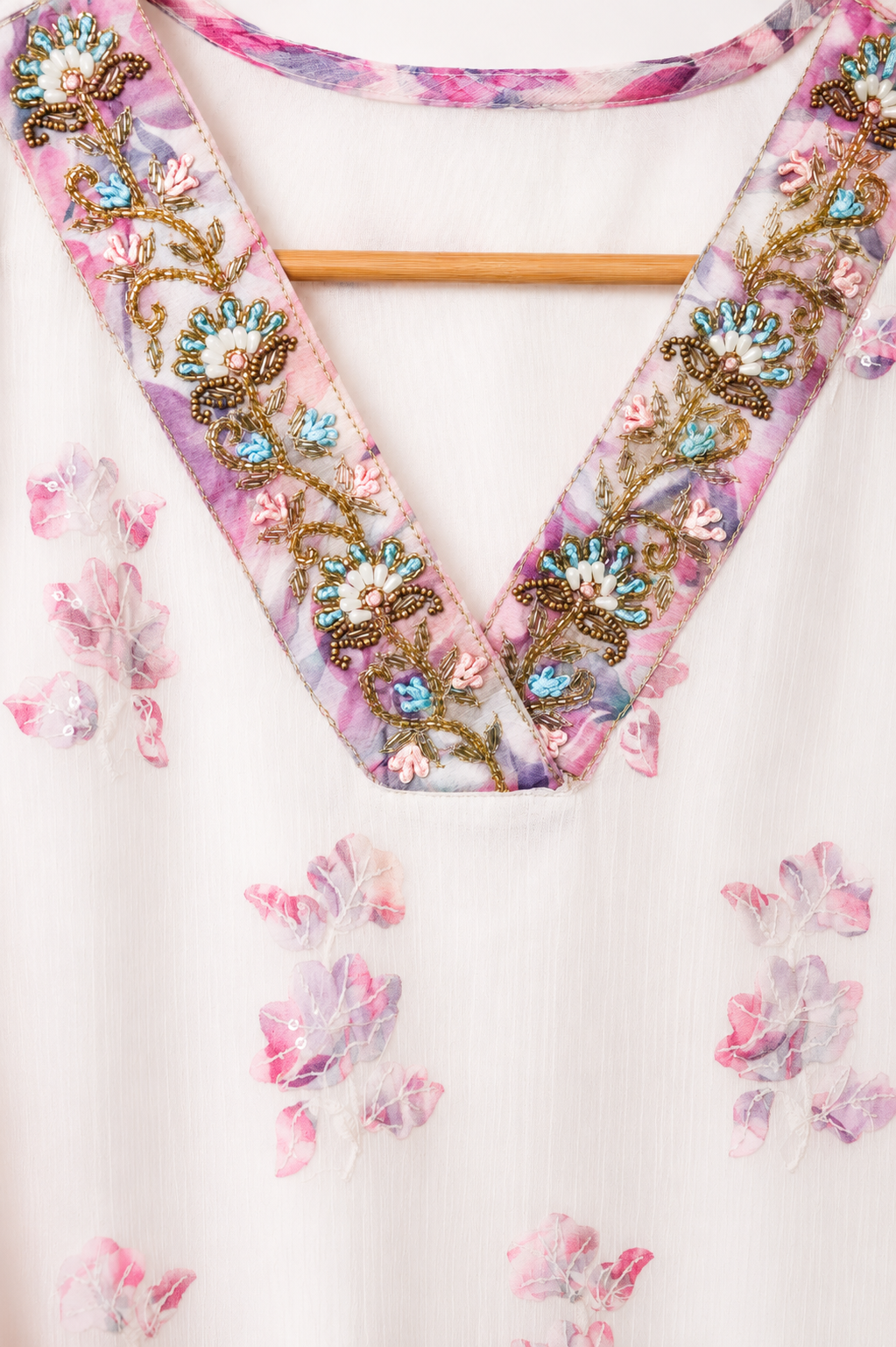 Noor Mehfil — white crepe suit with applique work and embroidered neckline — Ivory Hues, Indian ethnic wear Singapore
