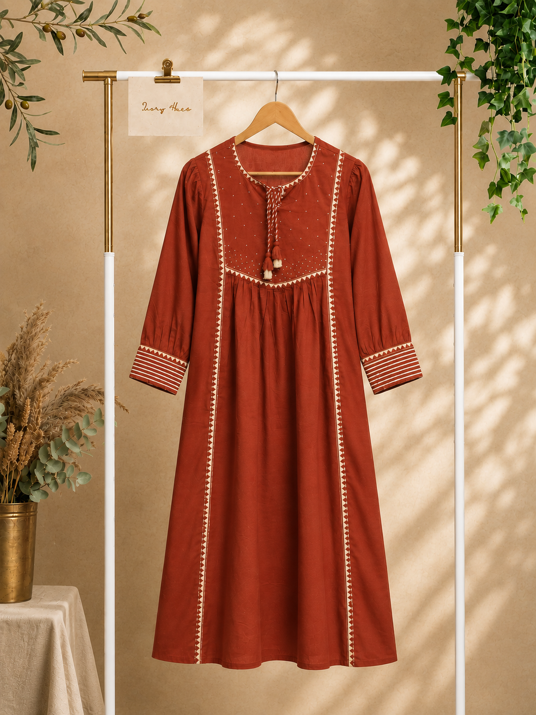 Anokhi Dhoop — rust and ivory cotton suit with embellished neckline borders — Ivory Hues, Indian ethnic wear Singapore