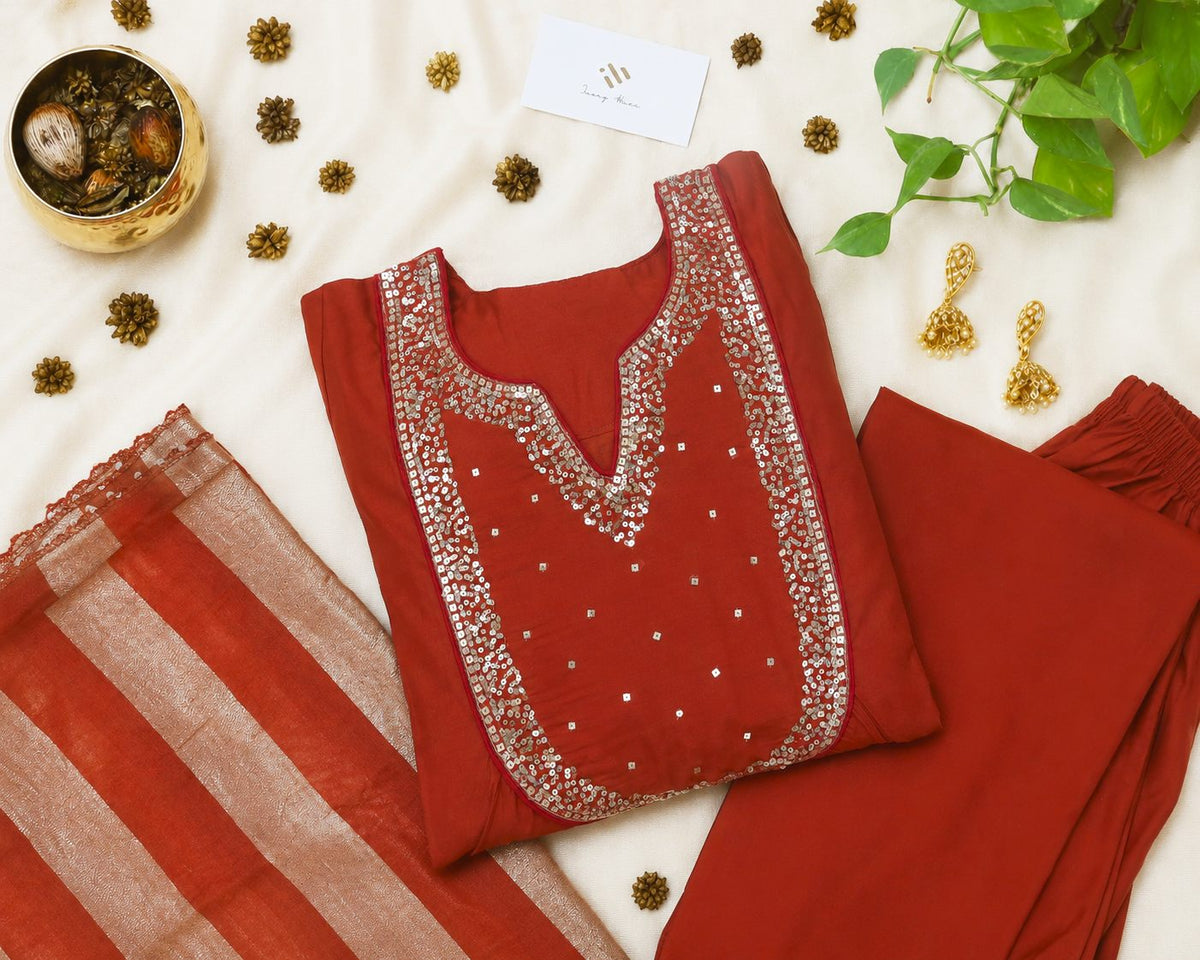 Noor Jwala — deep rust mul Chanderi suit with sequin-edged dupatta — Ivory Hues, Indian ethnic wear Singapore