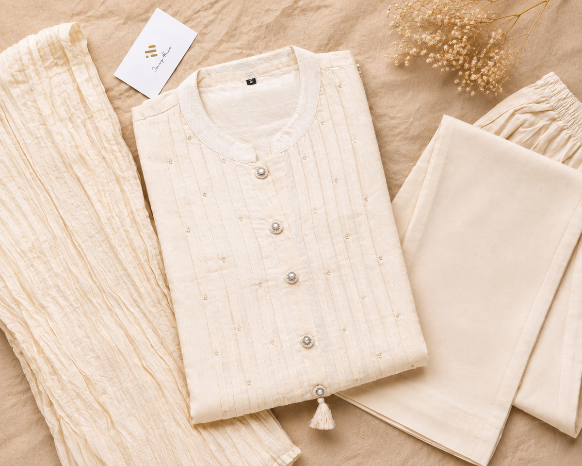 Noor Elina — ivory mul chanderi suit with embroidered sleeves and hem — Ivory Hues, Indian ethnic wear Singapore
